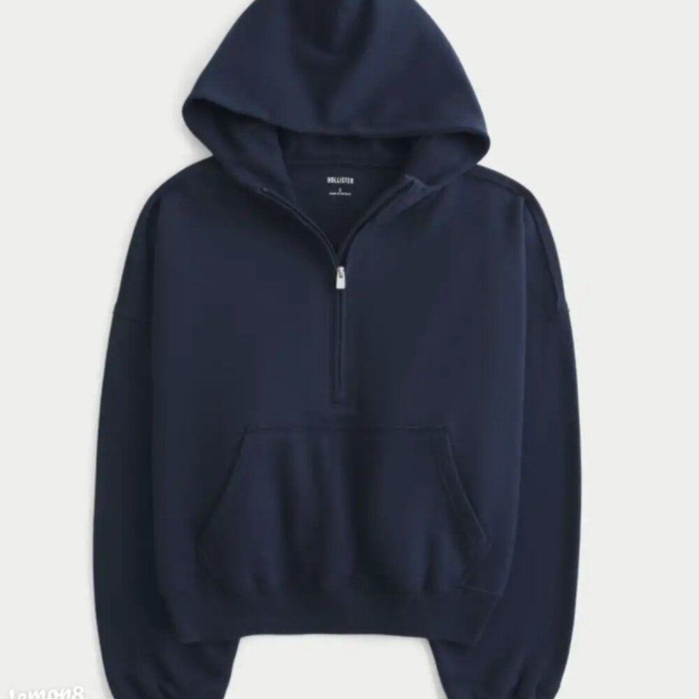HOLLISTER Navy Blue Cotton Blend Easy Half Zip Hoodie Sweatshirt Size S